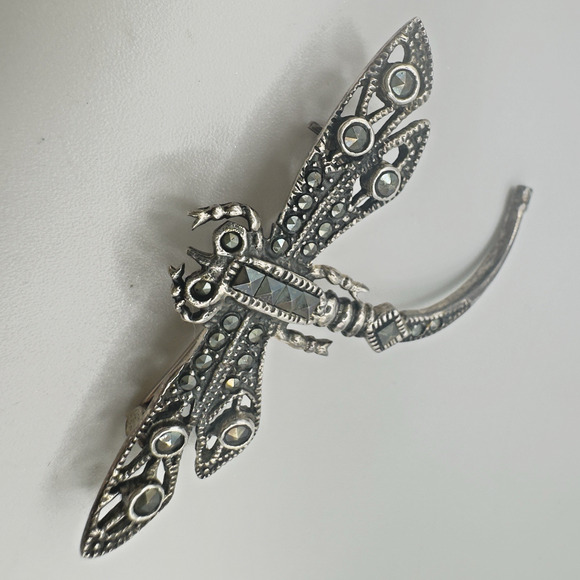 Vintage Marcasite Brooch Dragonfly Signed MC Marsala Art Deco Style Sterling 5g - Picture 2 of 8